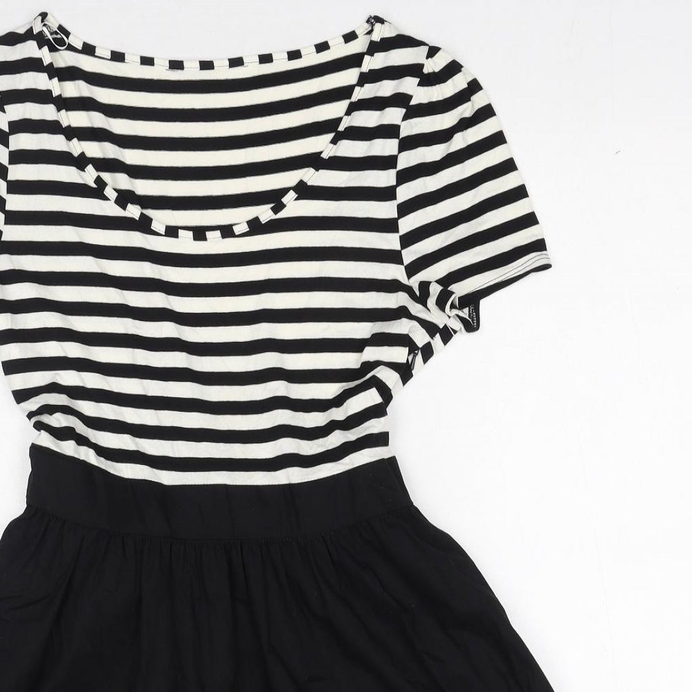 F&F Womens Black Striped Viscose Skater Dress Size 14 Round Neck Zip