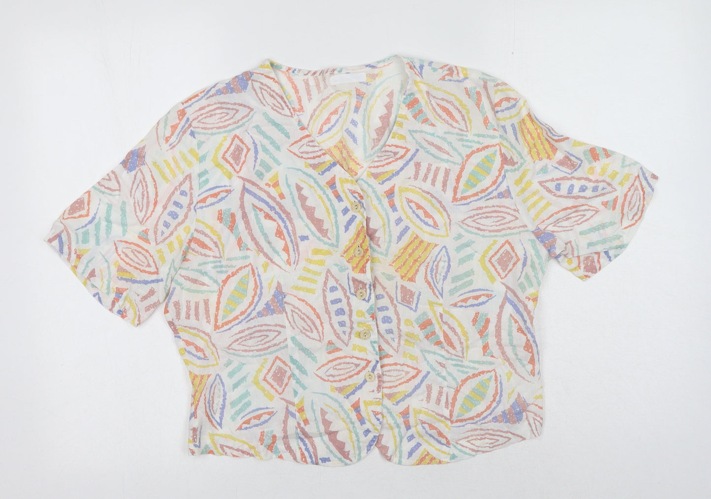 St Michaels Womens White Geometric Polyester Basic Button-Up Size 16 V-Neck