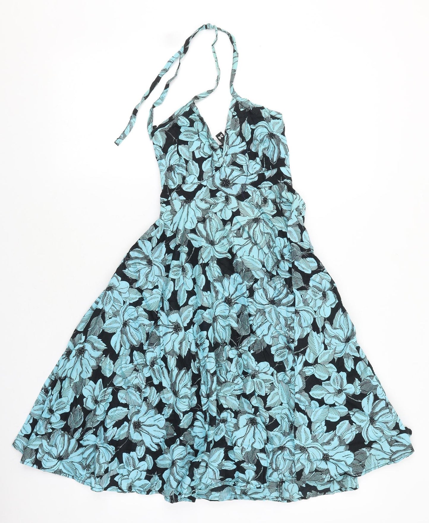 Divided Womens Blue Floral 100% Cotton Skater Dress Size XS V-Neck Tie
