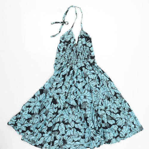 Divided Womens Blue Floral 100% Cotton Skater Dress Size XS V-Neck Tie