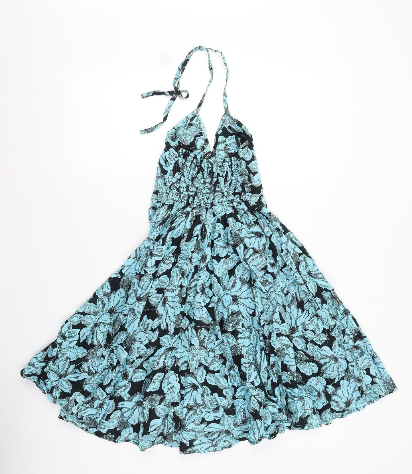 Divided Womens Blue Floral 100% Cotton Skater Dress Size XS V-Neck Tie