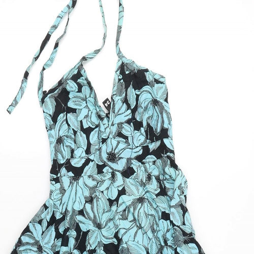 Divided Womens Blue Floral 100% Cotton Skater Dress Size XS V-Neck Tie