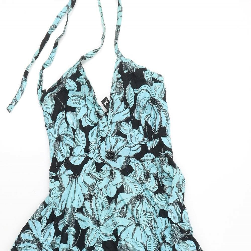 Divided Womens Blue Floral 100% Cotton Skater Dress Size XS V-Neck Tie