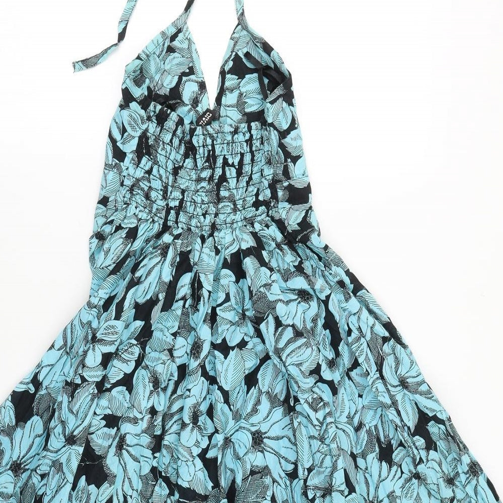 Divided Womens Blue Floral 100% Cotton Skater Dress Size XS V-Neck Tie