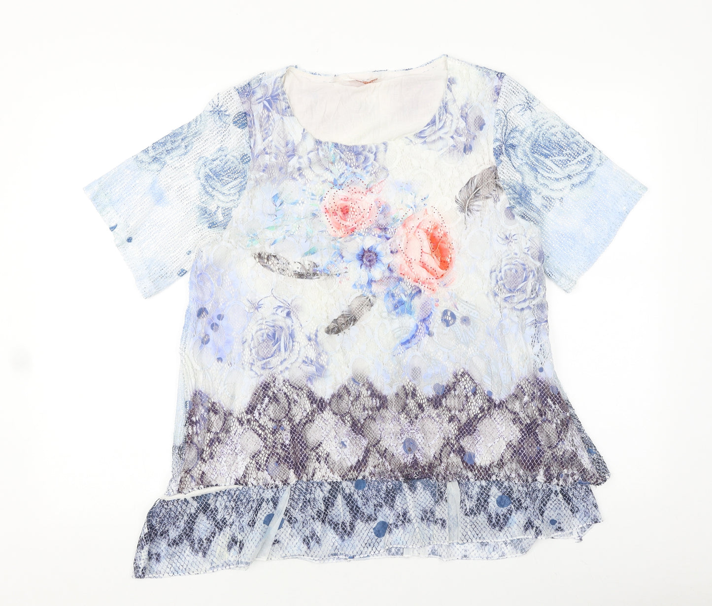 Anna rose Womens Blue Floral Viscose Basic T-Shirt Size L Round Neck