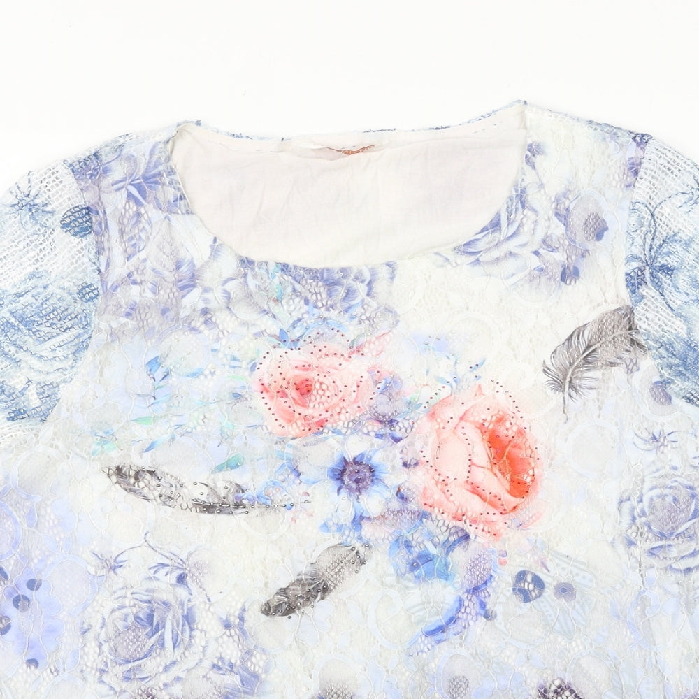 Anna rose Womens Blue Floral Viscose Basic T-Shirt Size L Round Neck
