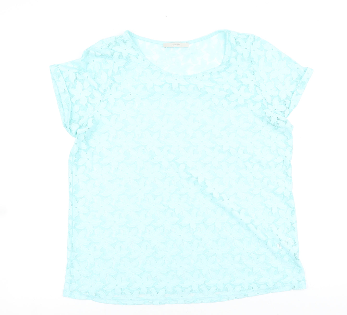 George Womens Blue Floral Polyester Basic T-Shirt Size 18 Round Neck