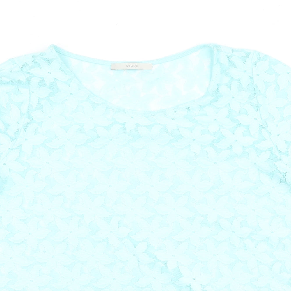 George Womens Blue Floral Polyester Basic T-Shirt Size 18 Round Neck
