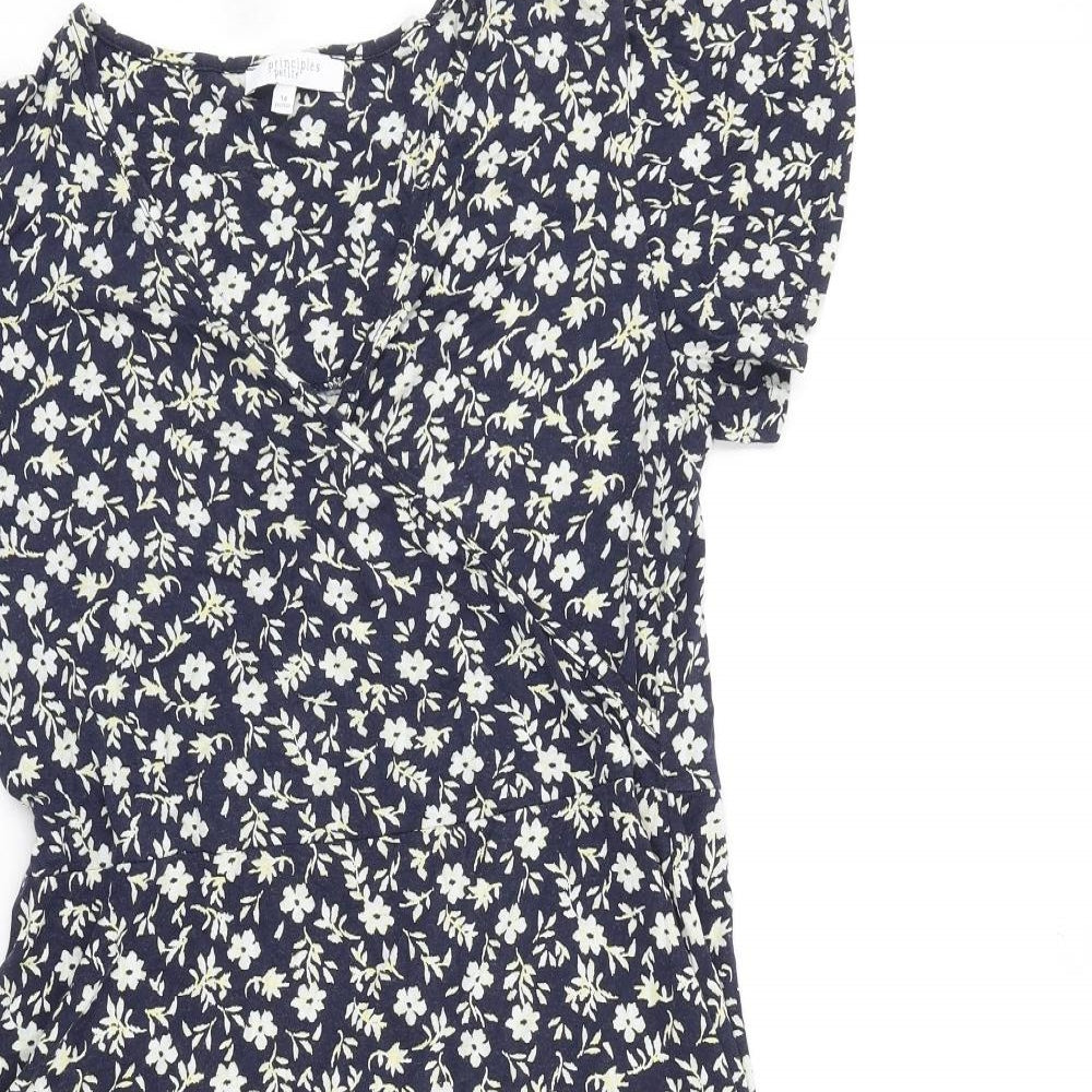 Principles Womens Blue Floral Viscose A-Line Size 14 V-Neck Pullover