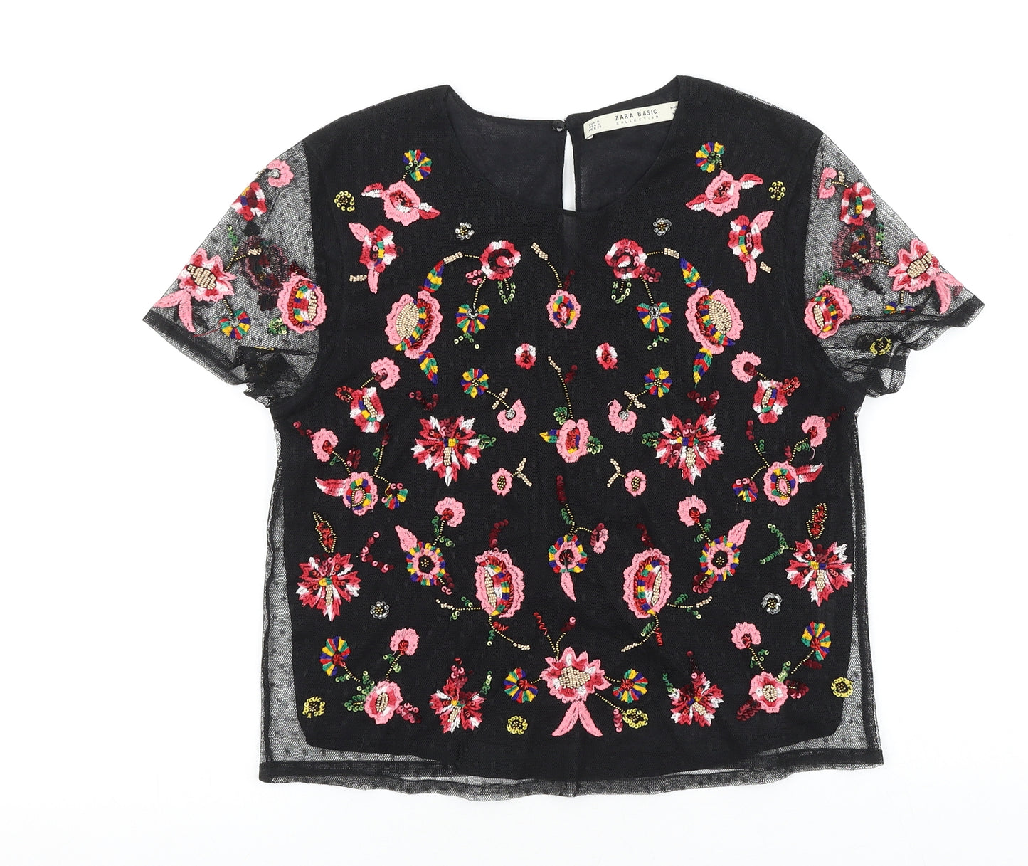Zara Womens Black Floral Polyester Basic T-Shirt Size S Scoop Neck