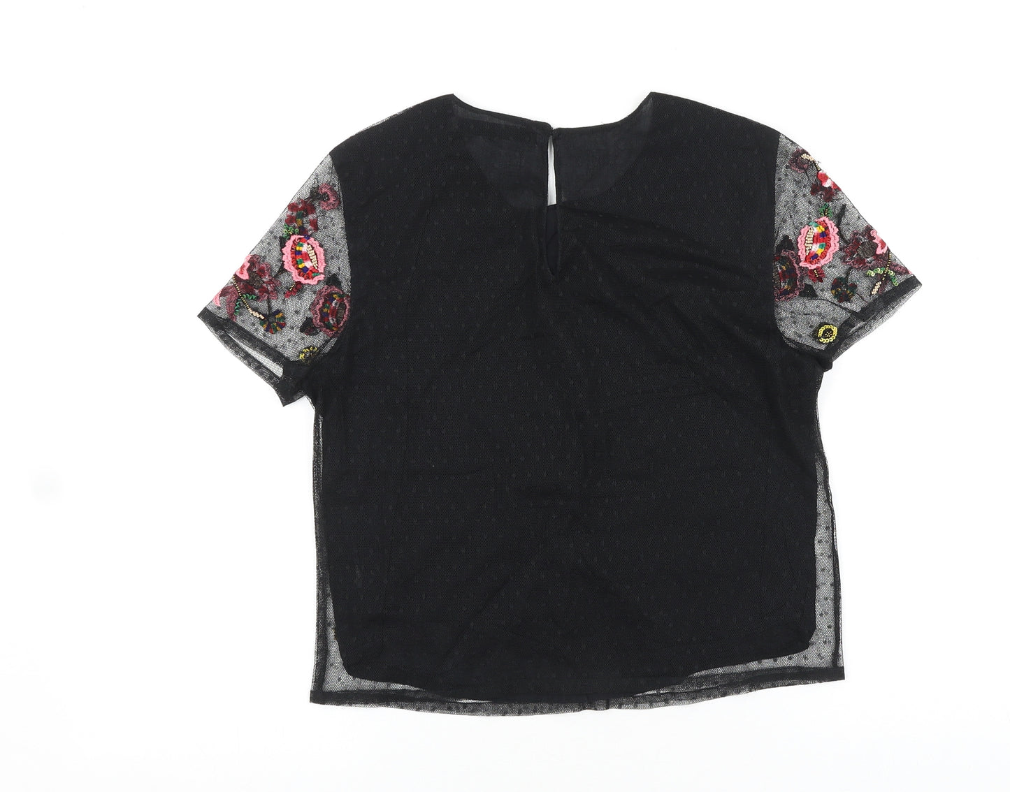 Zara Womens Black Floral Polyester Basic T-Shirt Size S Scoop Neck