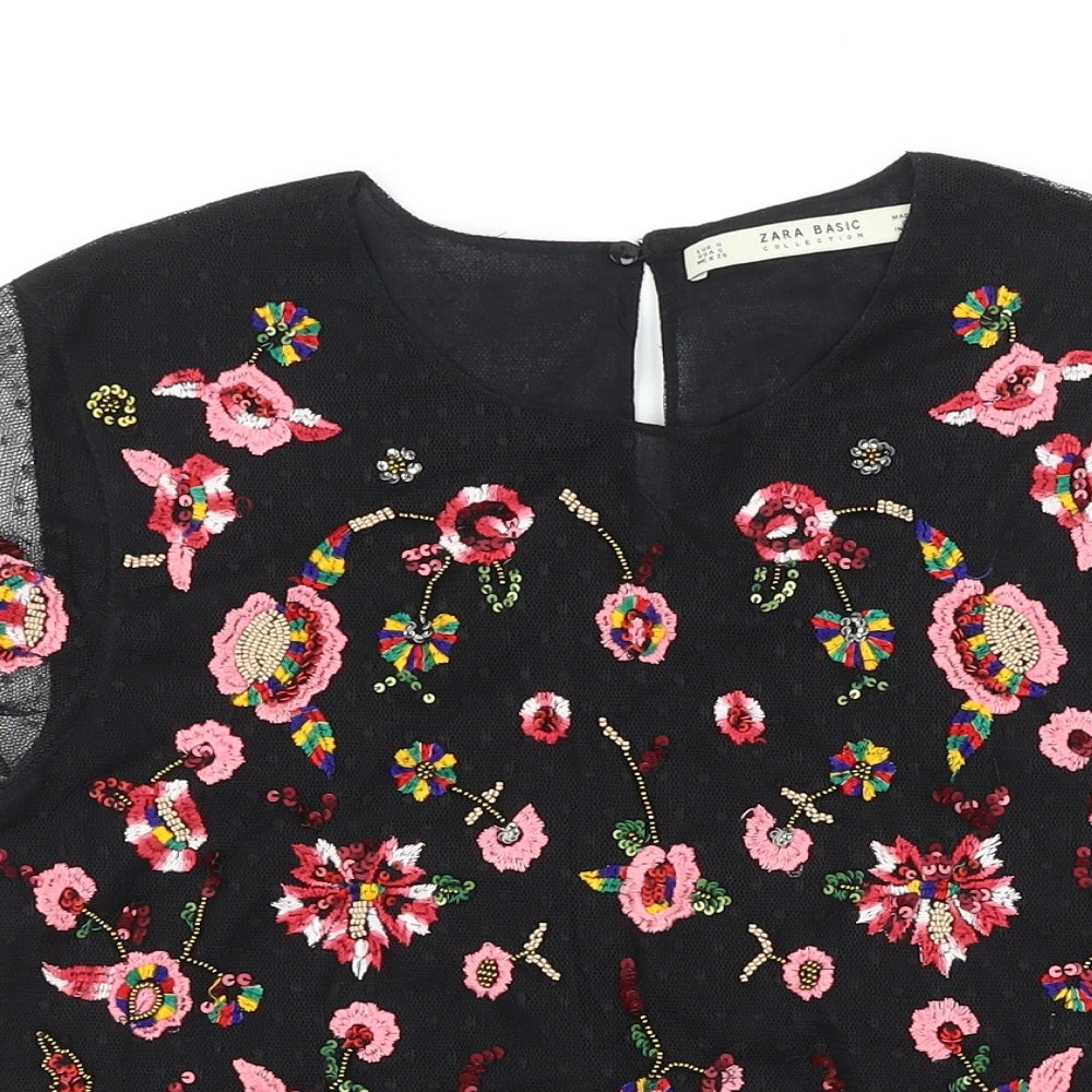 Zara Womens Black Floral Polyester Basic T-Shirt Size S Scoop Neck