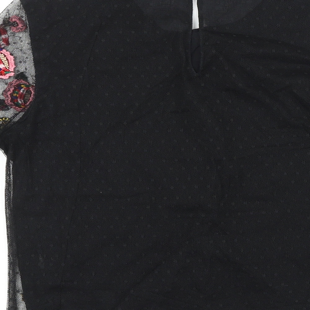 Zara Womens Black Floral Polyester Basic T-Shirt Size S Scoop Neck