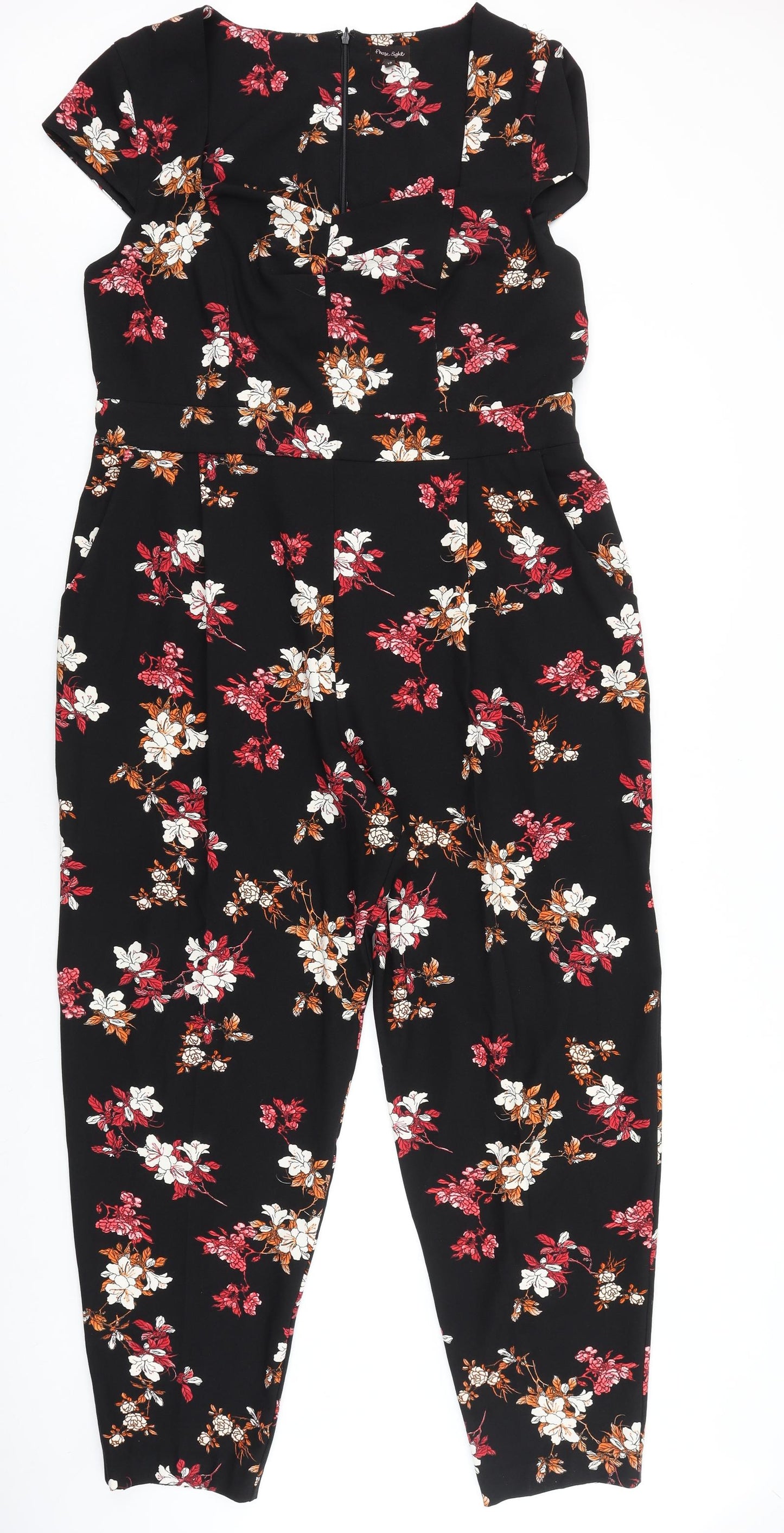 Phase Eight Womens Black Floral Polyester Jumpsuit One-Piece Size 18 L28 in Zip