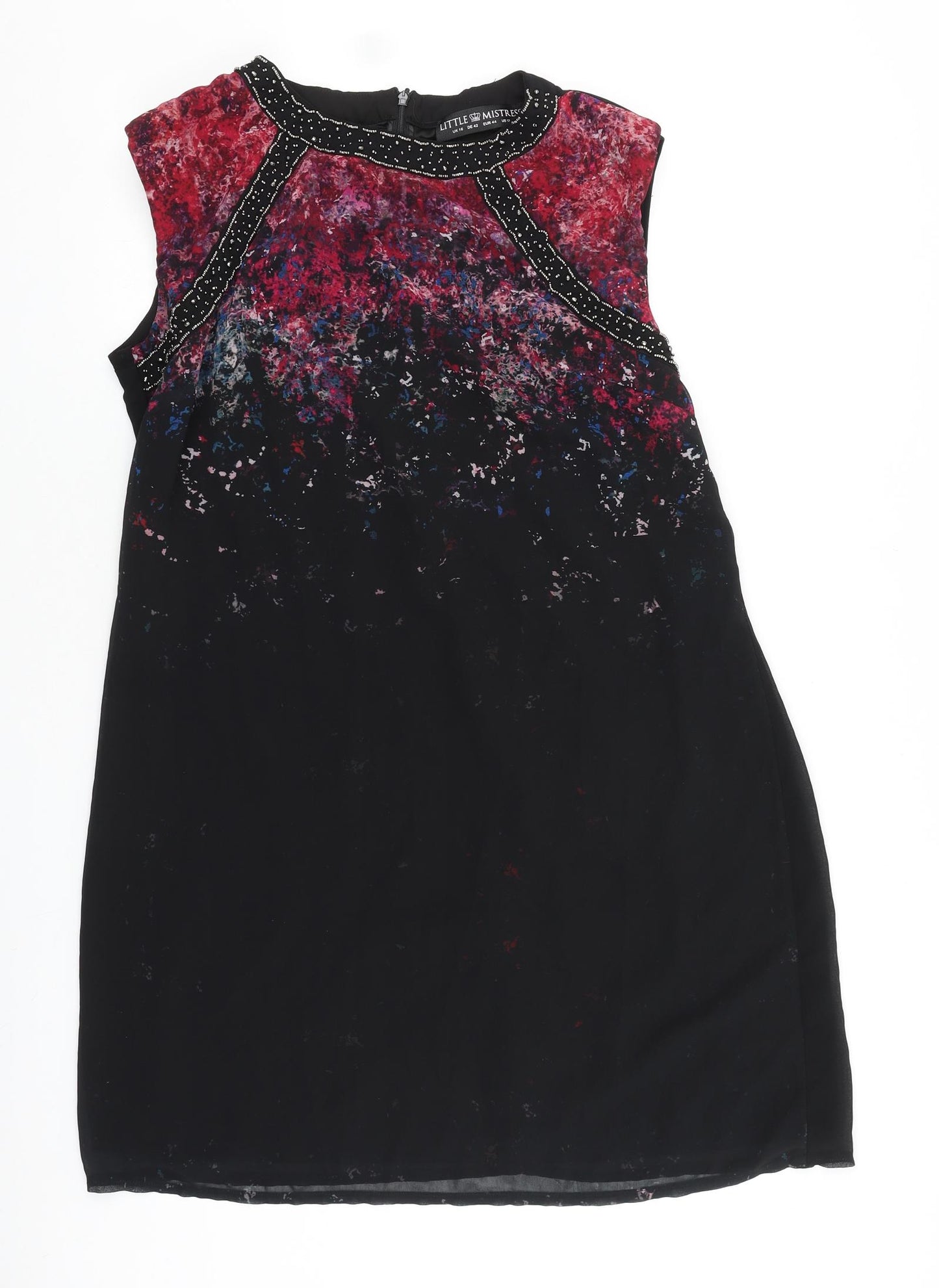 Little Mistress Womens Black Geometric Polyester A-Line Size 16 Round Neck Zip