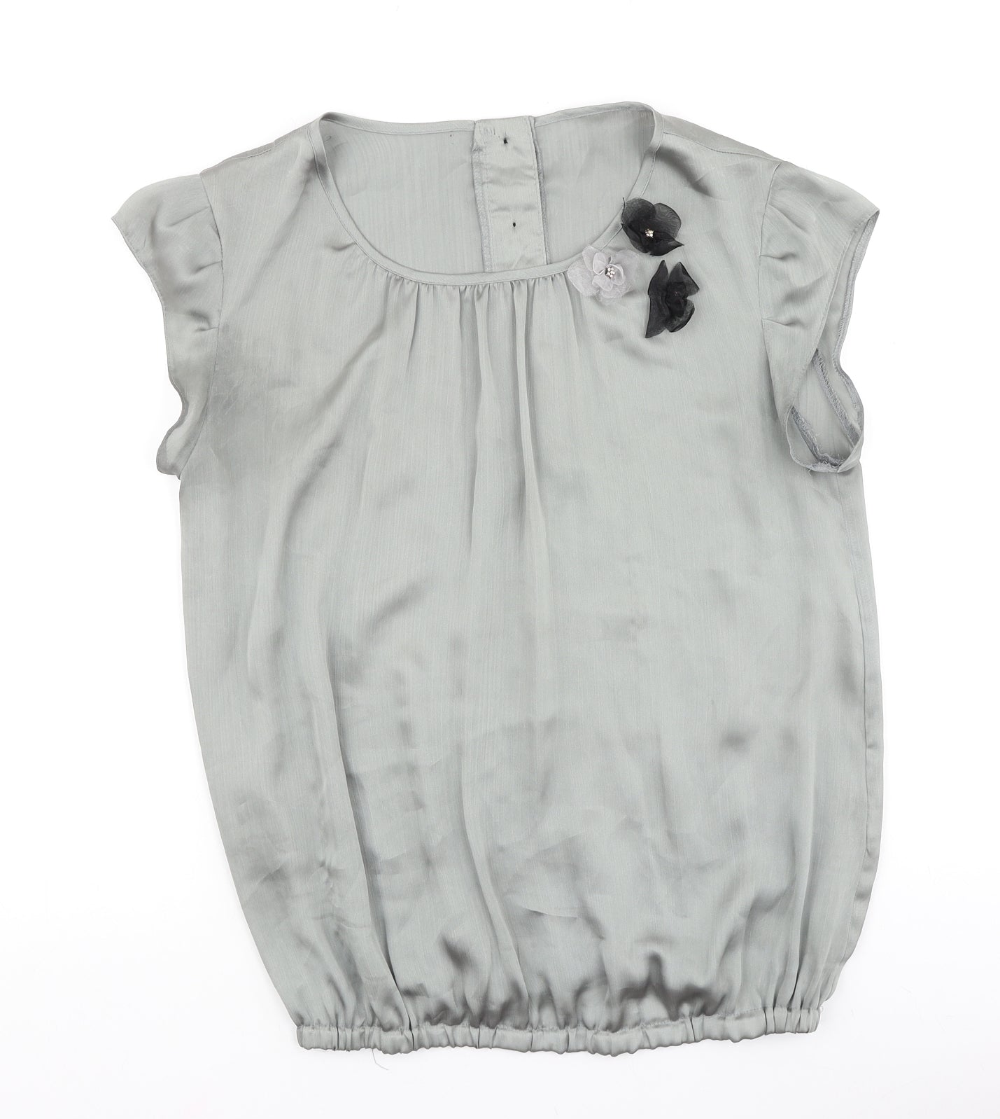 Preworn Womens Grey Polyester Basic Blouse Size 12 Boat Neck - 3D Flowers