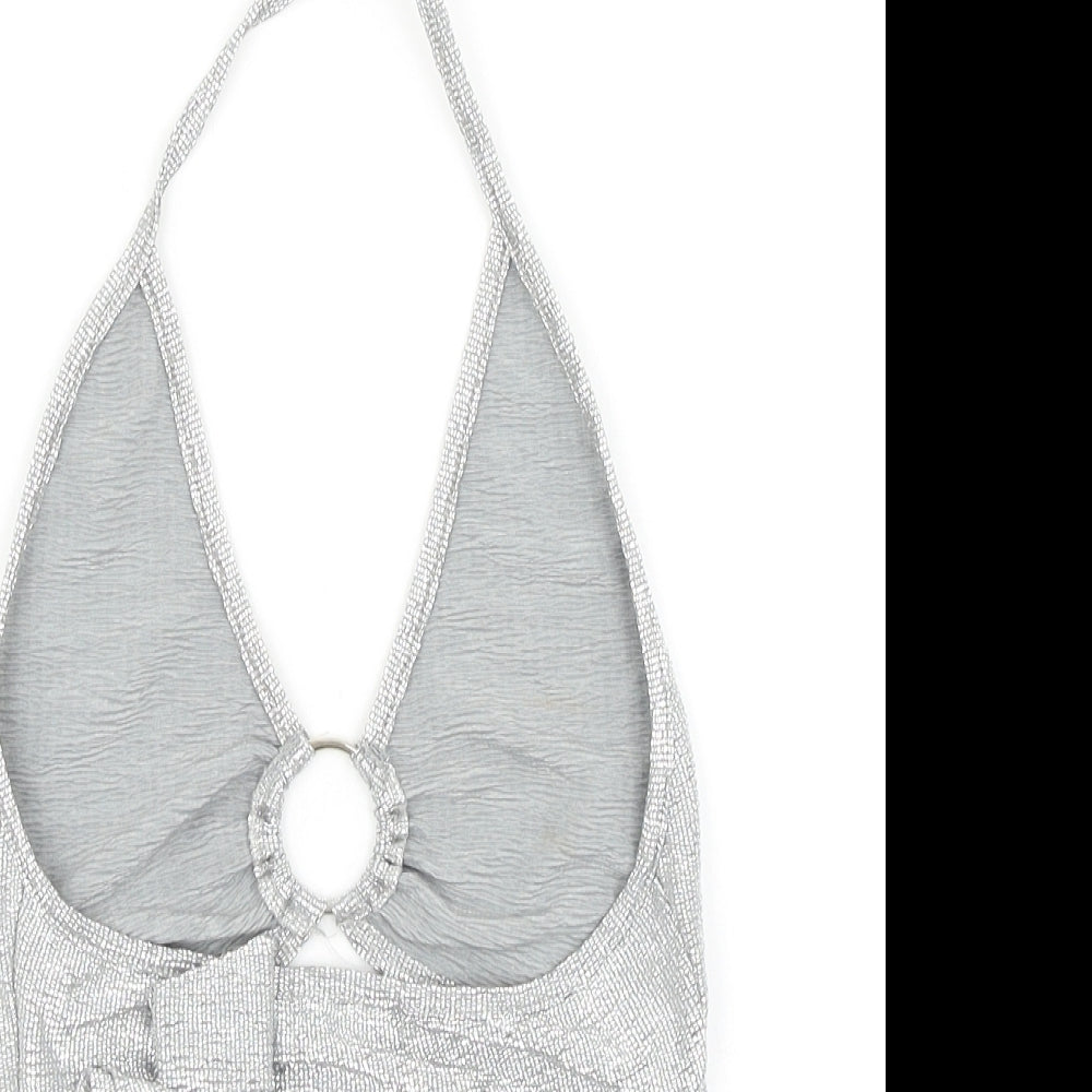 PRETTYLITTLETHING Womens Silver Polyester Cropped Tank Size 4 Halter - Ring Detail