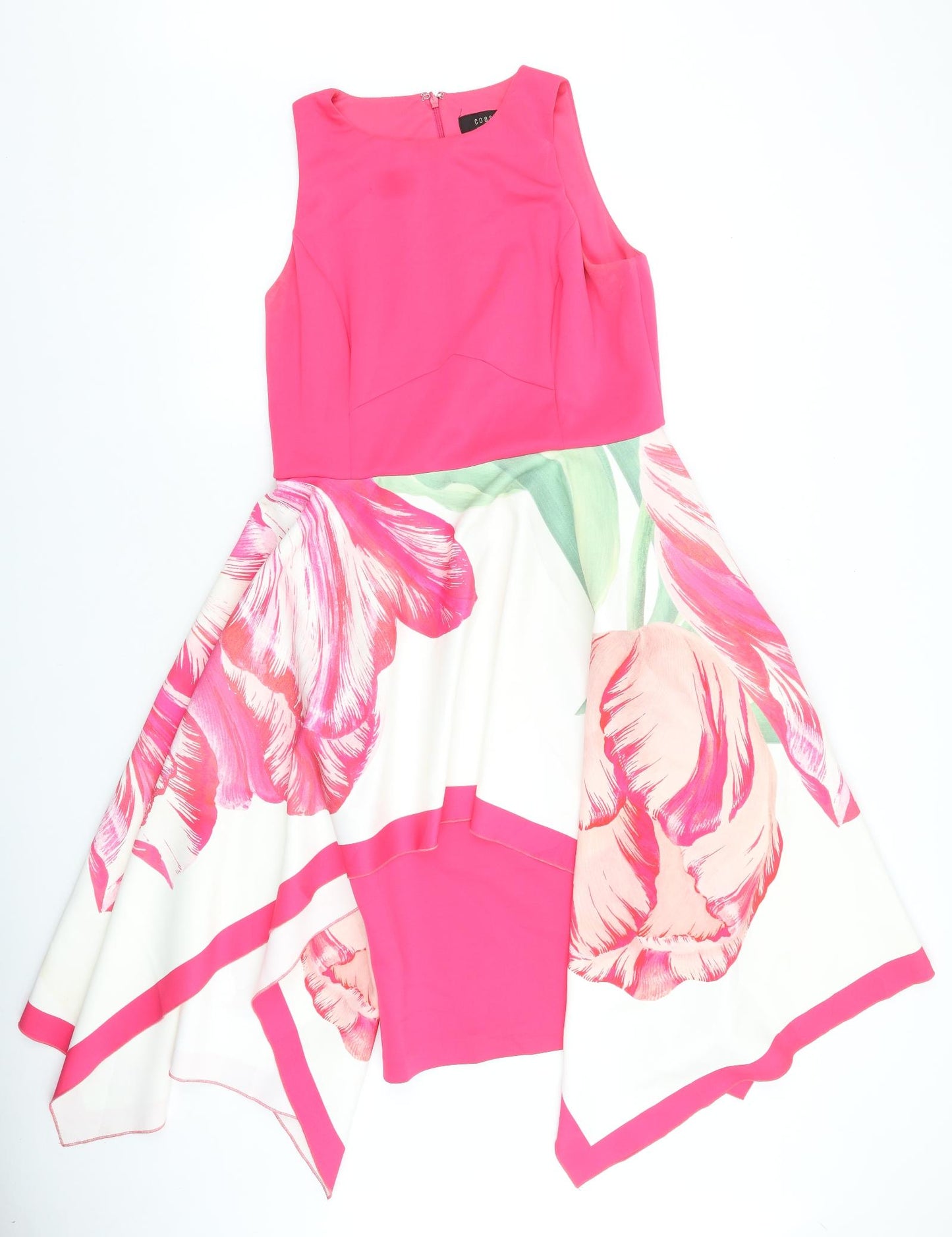 Coast Womens Pink Floral Polyester Fit & Flare Size 16 Round Neck Zip