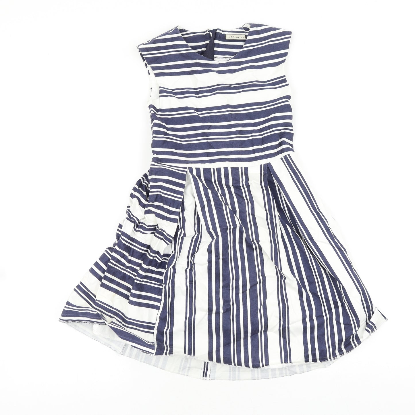 NEXT Girls Blue Striped Cotton Skater Dress Size 8 Years Round Neck Zip