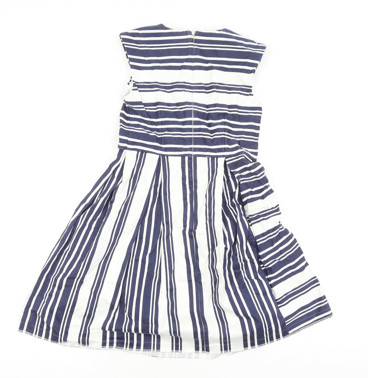 NEXT Girls Blue Striped Cotton Skater Dress Size 8 Years Round Neck Zip
