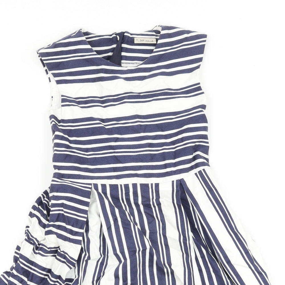 NEXT Girls Blue Striped Cotton Skater Dress Size 8 Years Round Neck Zip