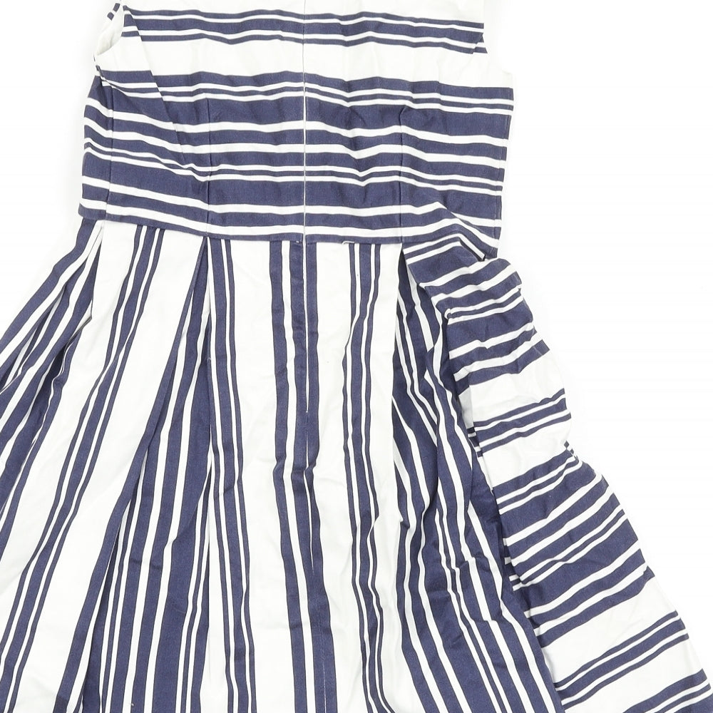 NEXT Girls Blue Striped Cotton Skater Dress Size 8 Years Round Neck Zip