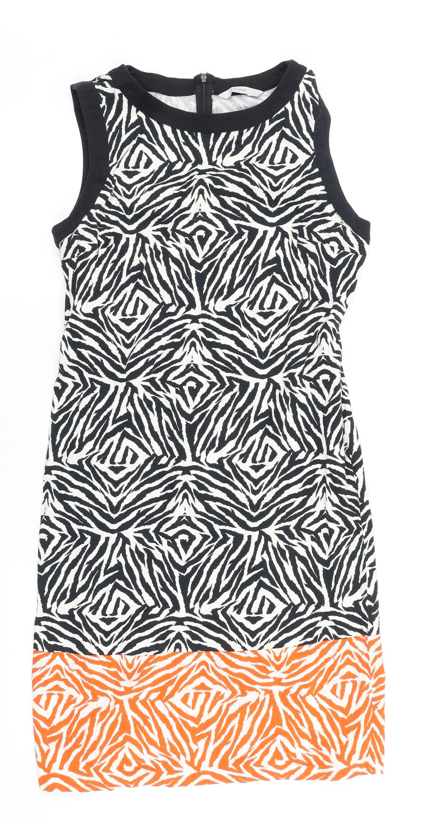 George Womens Black Geometric Cotton A-Line Size 12 Round Neck Zip
