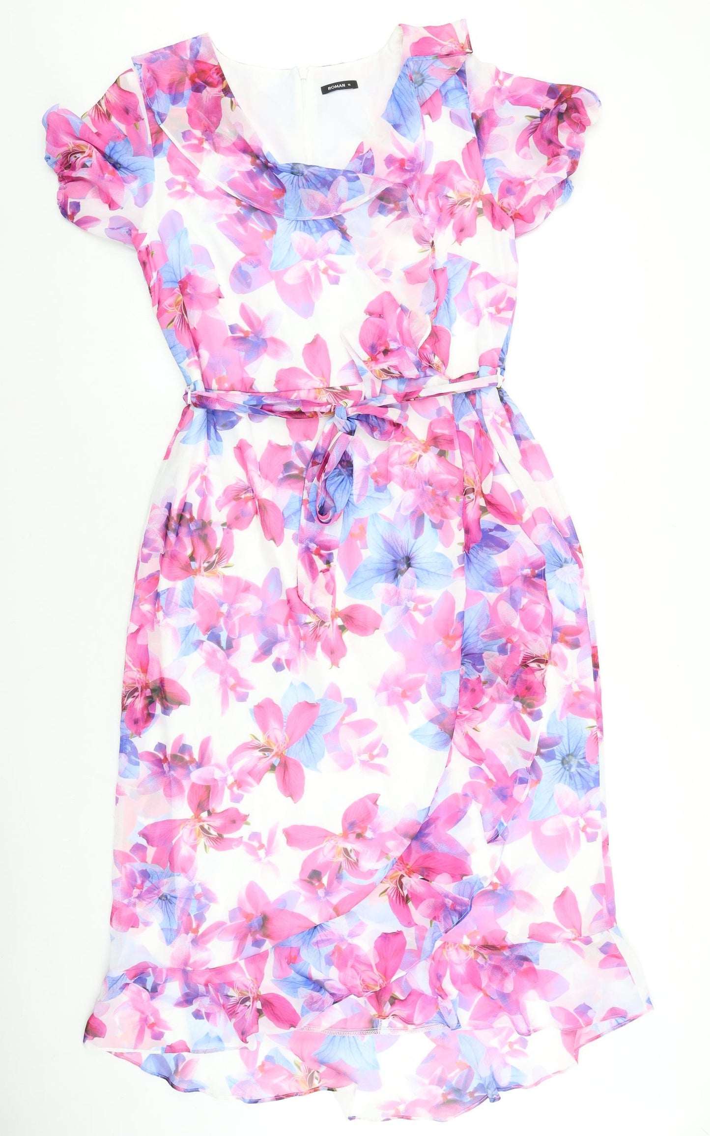 Roman Womens Multicoloured Floral Polyester A-Line Size 16 Scoop Neck Tie