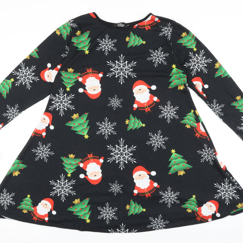 Sara Fashion Womens Black Geometric Polyester Trapeze & Swing Size M Boat Neck Pullover - Christmas Santa