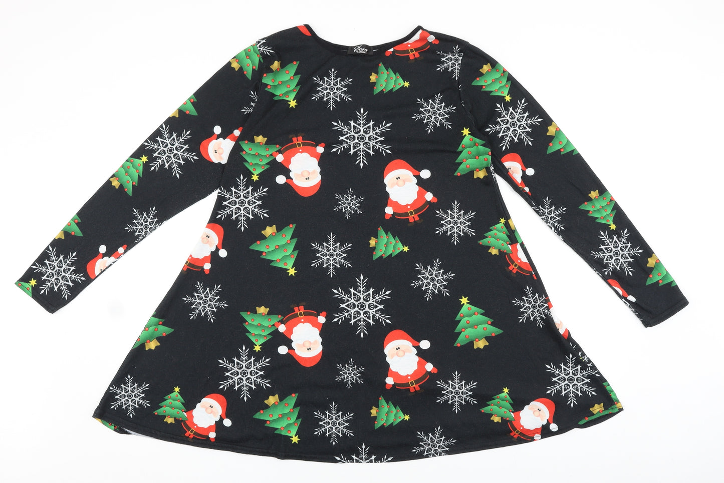 Sara Fashion Womens Black Geometric Polyester Trapeze & Swing Size M Boat Neck Pullover - Christmas Santa