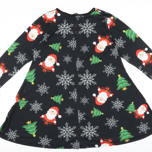 Sara Fashion Womens Black Geometric Polyester Trapeze & Swing Size M Boat Neck Pullover - Christmas Santa