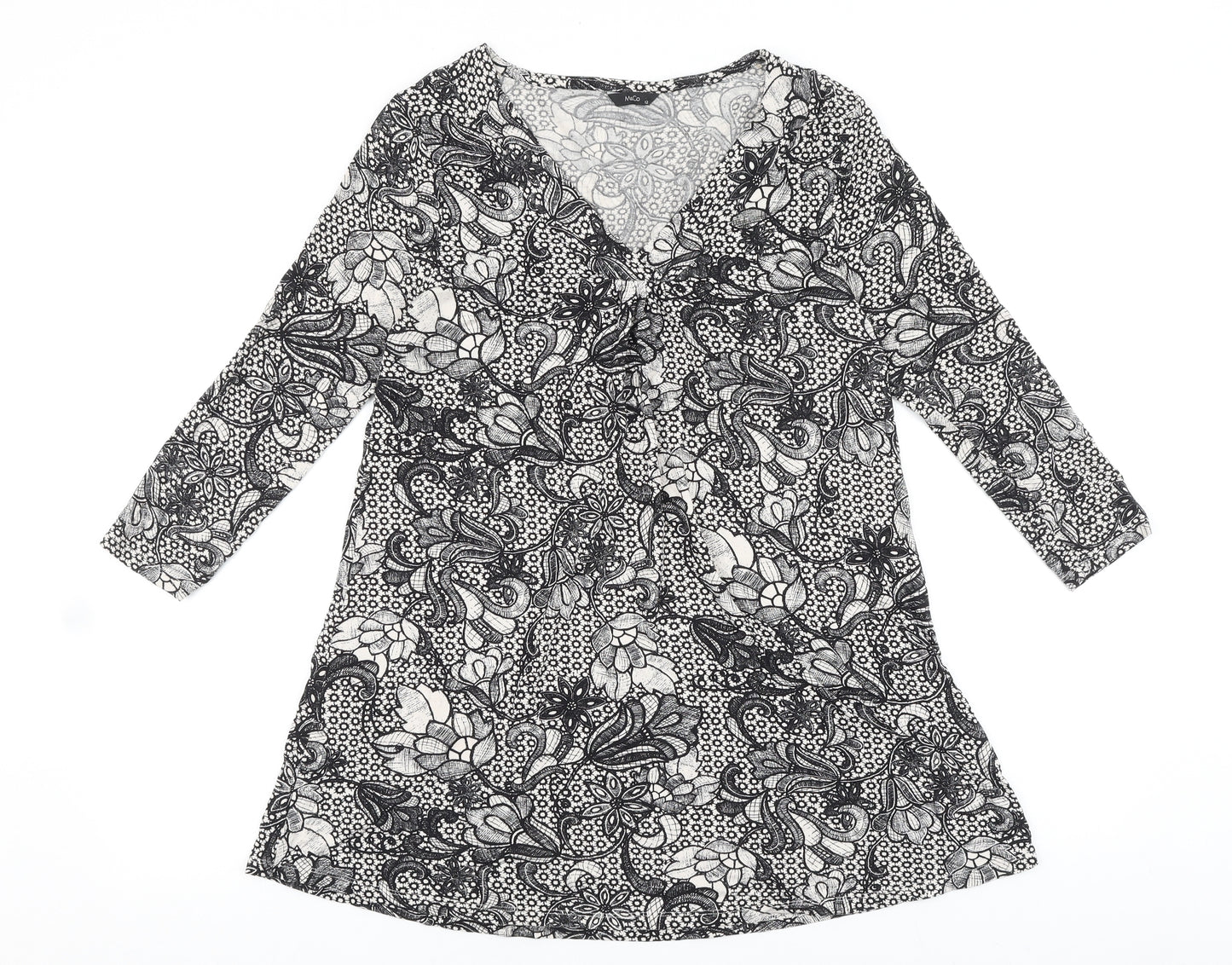 M&Co Womens Black Geometric Viscose Tunic Blouse Size 12 V-Neck