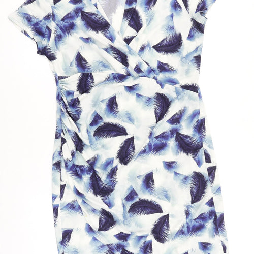 Phase Eight Womens Blue Geometric Viscose Pencil Dress Size 16 V-Neck Pullover - Feather Print