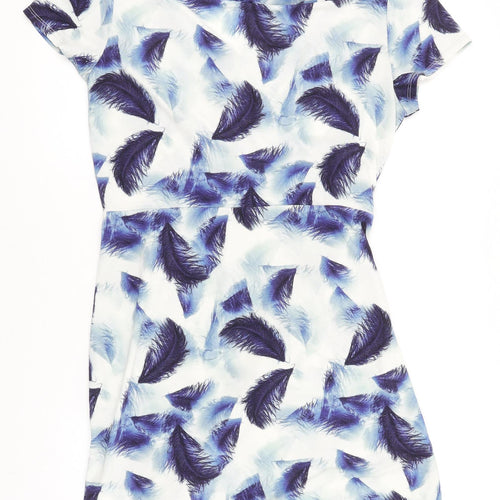 Phase Eight Womens Blue Geometric Viscose Pencil Dress Size 16 V-Neck Pullover - Feather Print