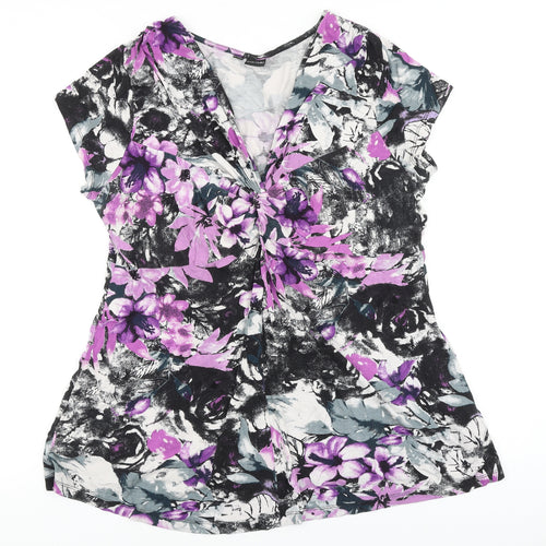 Body Flirt Womens Purple Geometric Polyester Basic T-Shirt Size L V-Neck