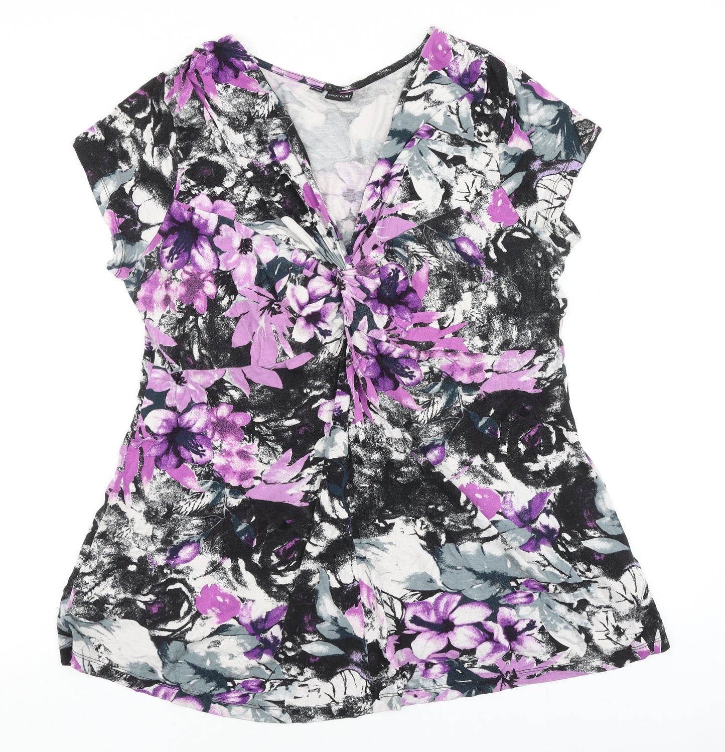 Body Flirt Womens Purple Geometric Polyester Basic T-Shirt Size L V-Neck