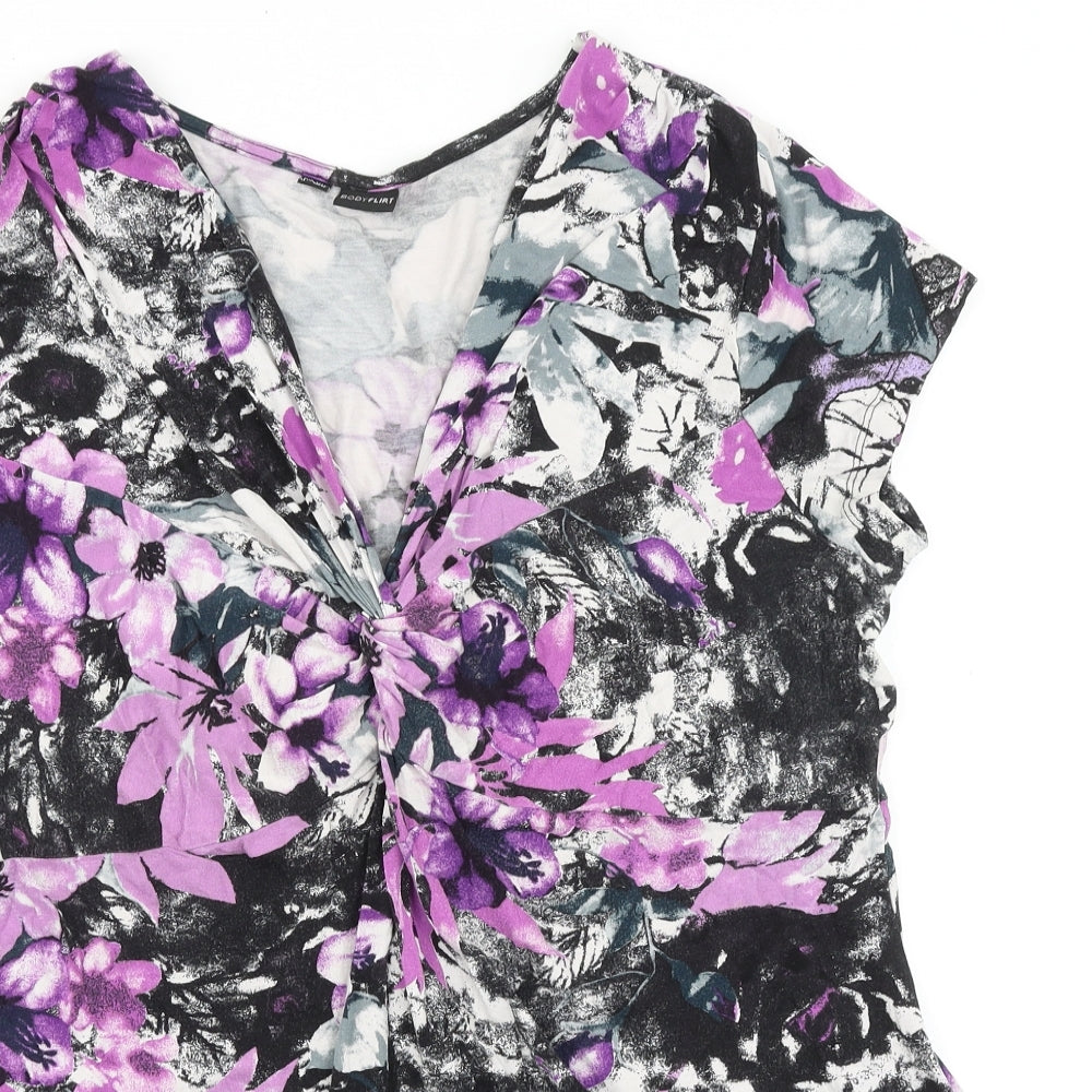 Body Flirt Womens Purple Geometric Polyester Basic T-Shirt Size L V-Neck