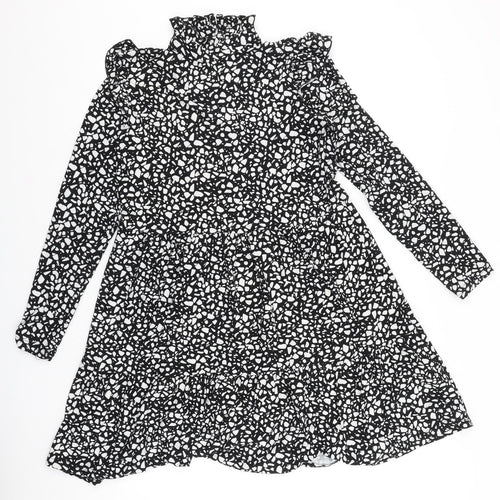 Preworn Womens Black Geometric Polyester A-Line Size 10 Mock Neck Button