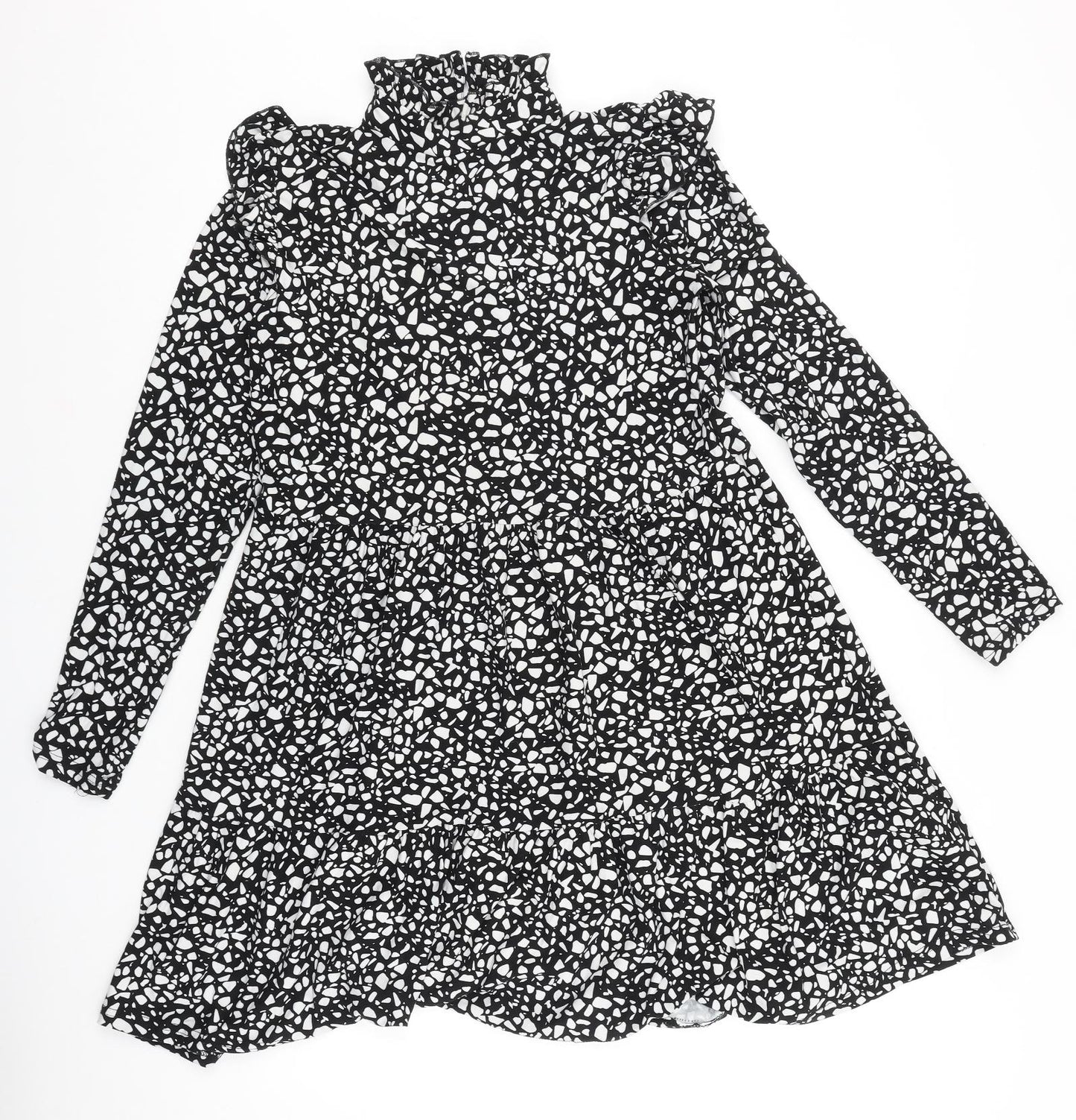 Preworn Womens Black Geometric Polyester A-Line Size 10 Mock Neck Button