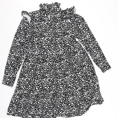 Preworn Womens Black Geometric Polyester A-Line Size 10 Mock Neck Button