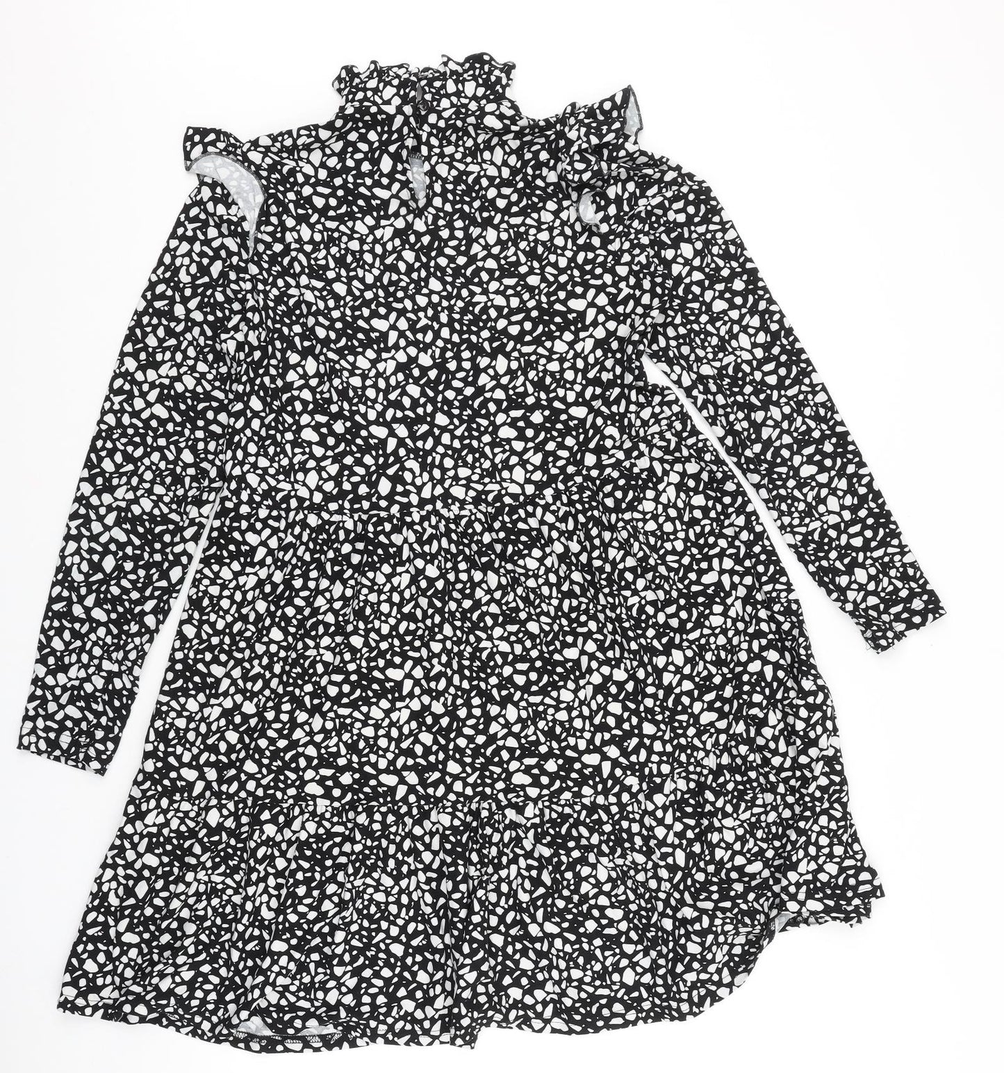 Preworn Womens Black Geometric Polyester A-Line Size 10 Mock Neck Button