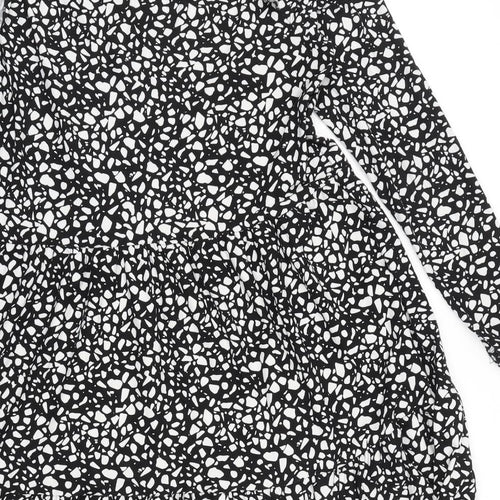 Preworn Womens Black Geometric Polyester A-Line Size 10 Mock Neck Button