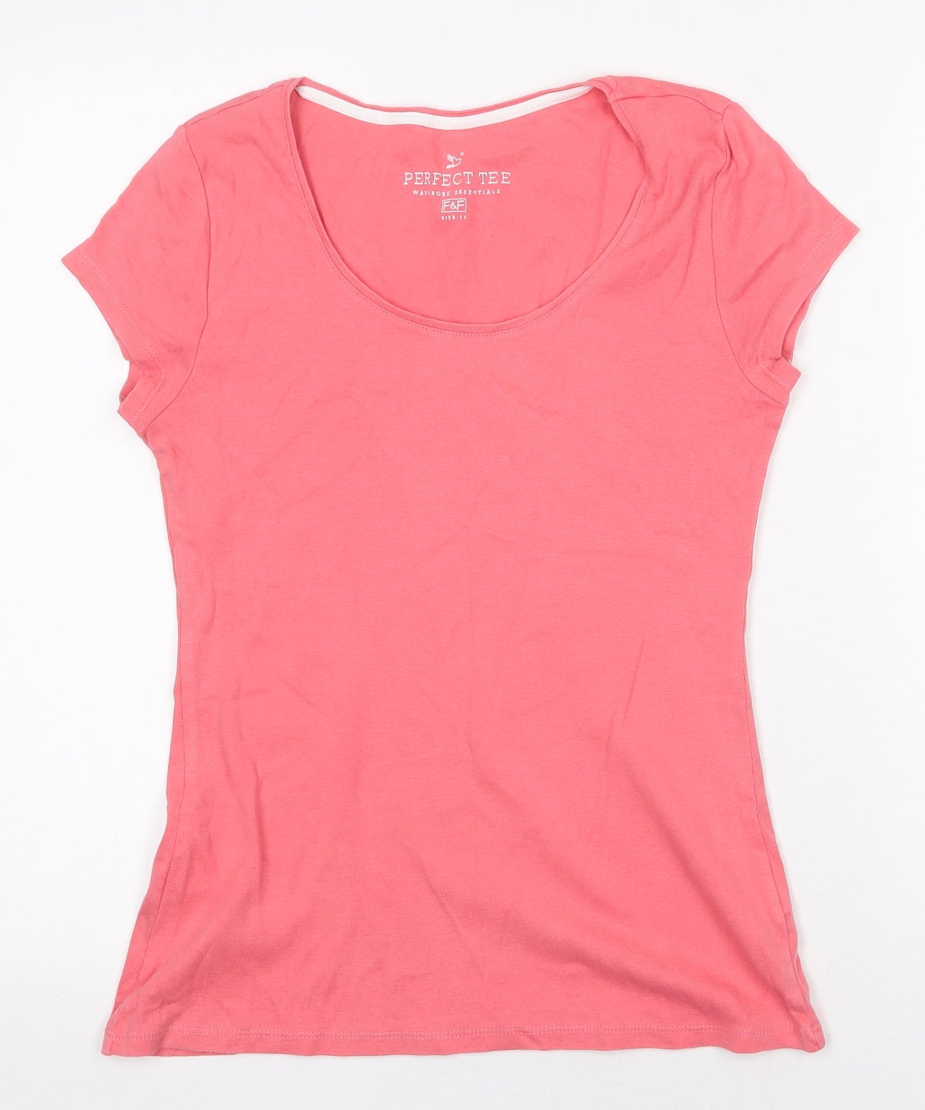 F&F Womens Pink 100% Cotton Basic T-Shirt Size 14 Scoop Neck