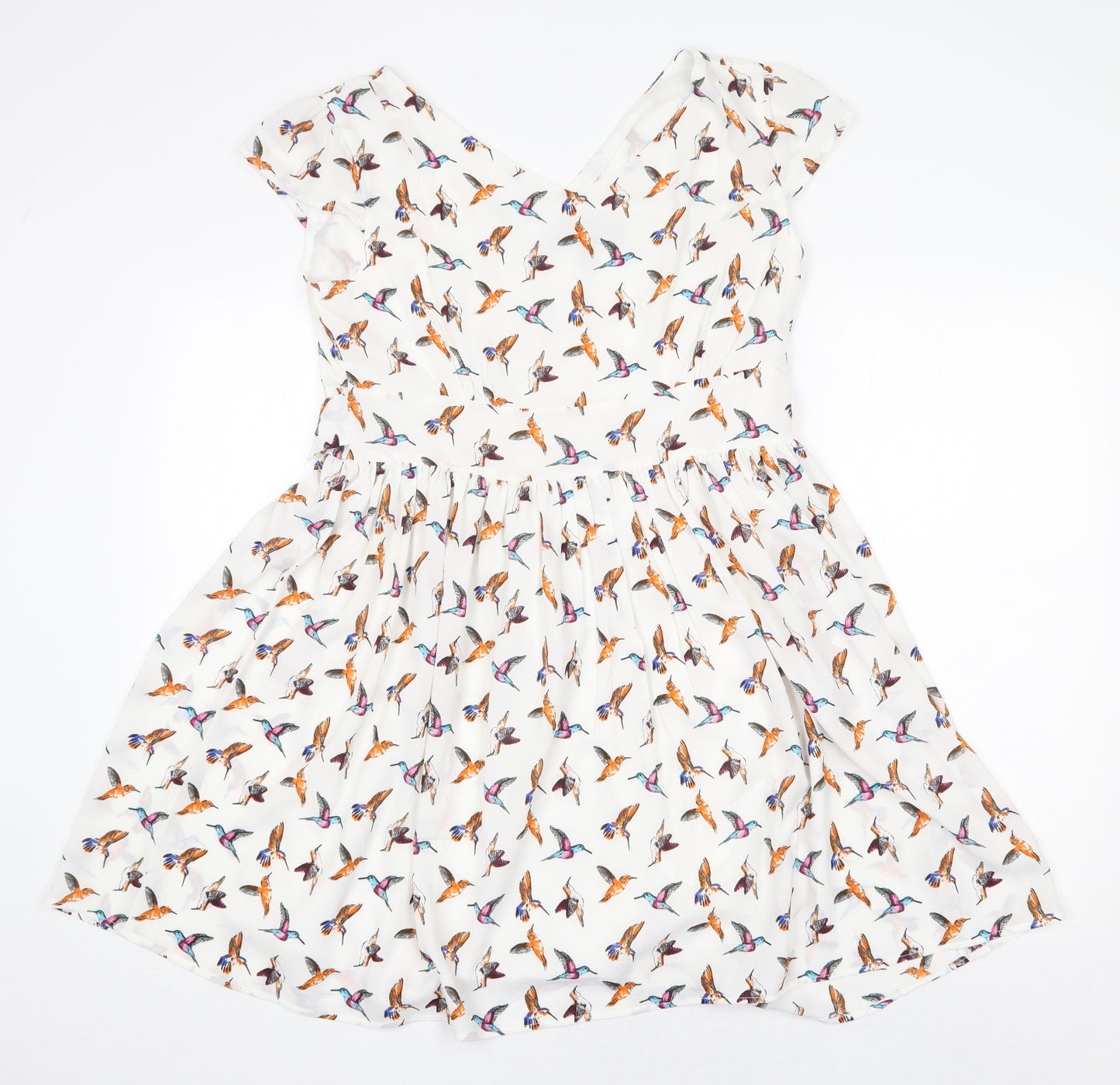 Mela Loves London Womens White Geometric Polyester Skater Dress Size 14 V-Neck Zip