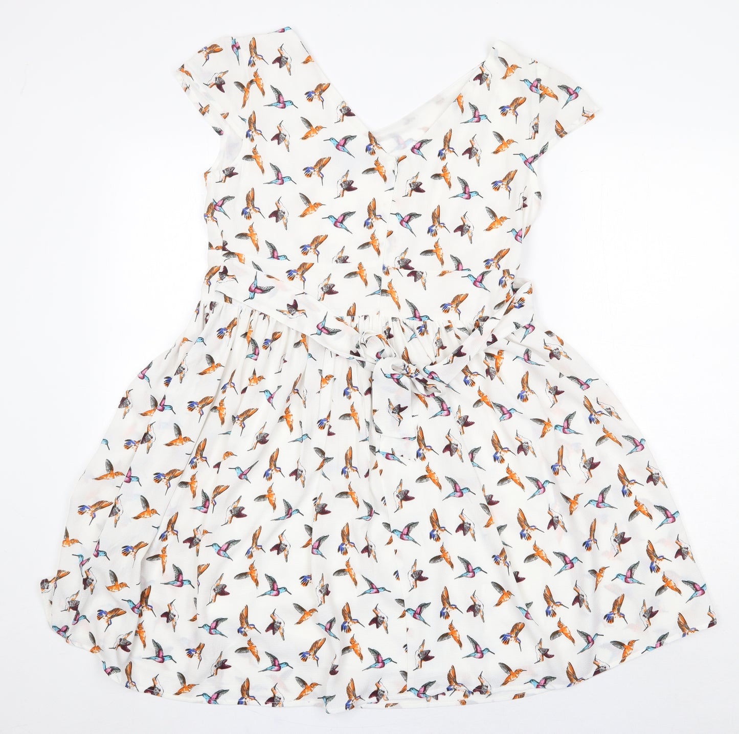 Mela Loves London Womens White Geometric Polyester Skater Dress Size 14 V-Neck Zip