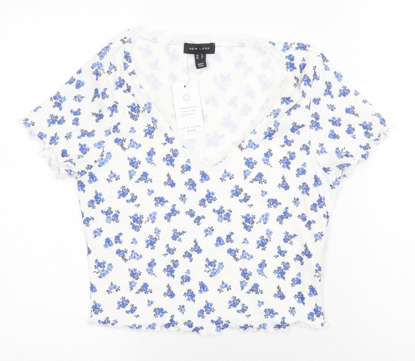 New Look Womens White Floral Polyester Cropped T-Shirt Size 12 V-Neck