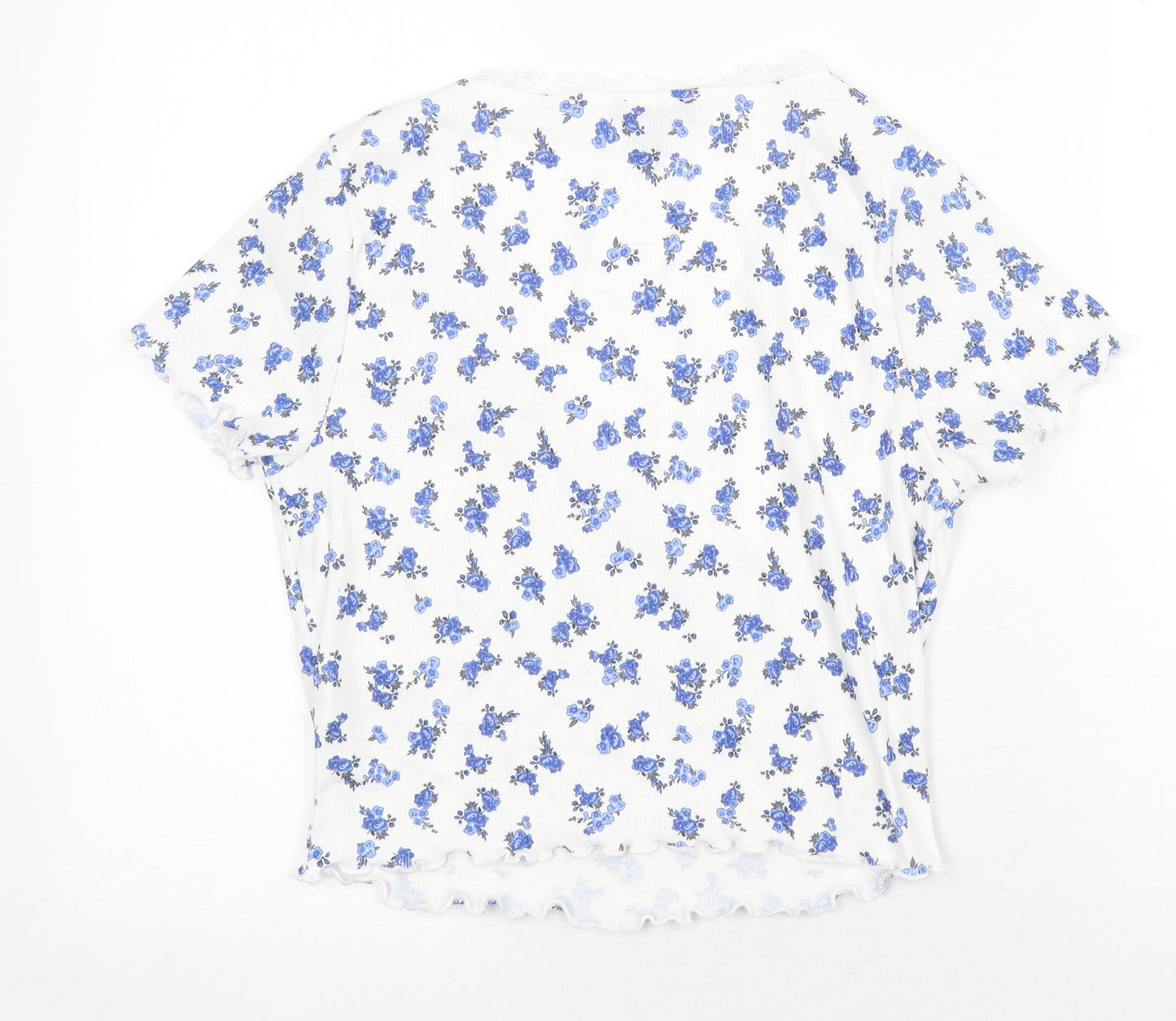 New Look Womens White Floral Polyester Cropped T-Shirt Size 12 V-Neck