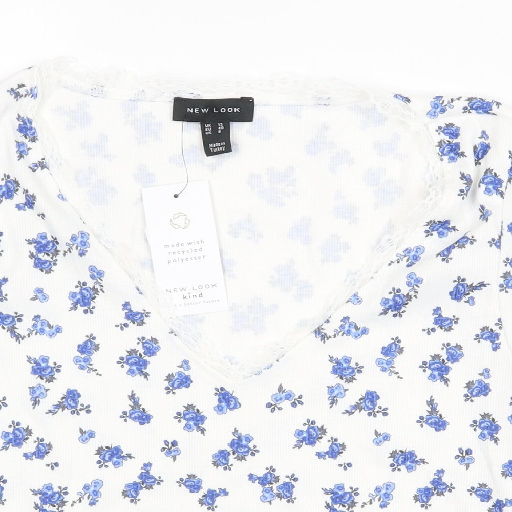 New Look Womens White Floral Polyester Cropped T-Shirt Size 12 V-Neck