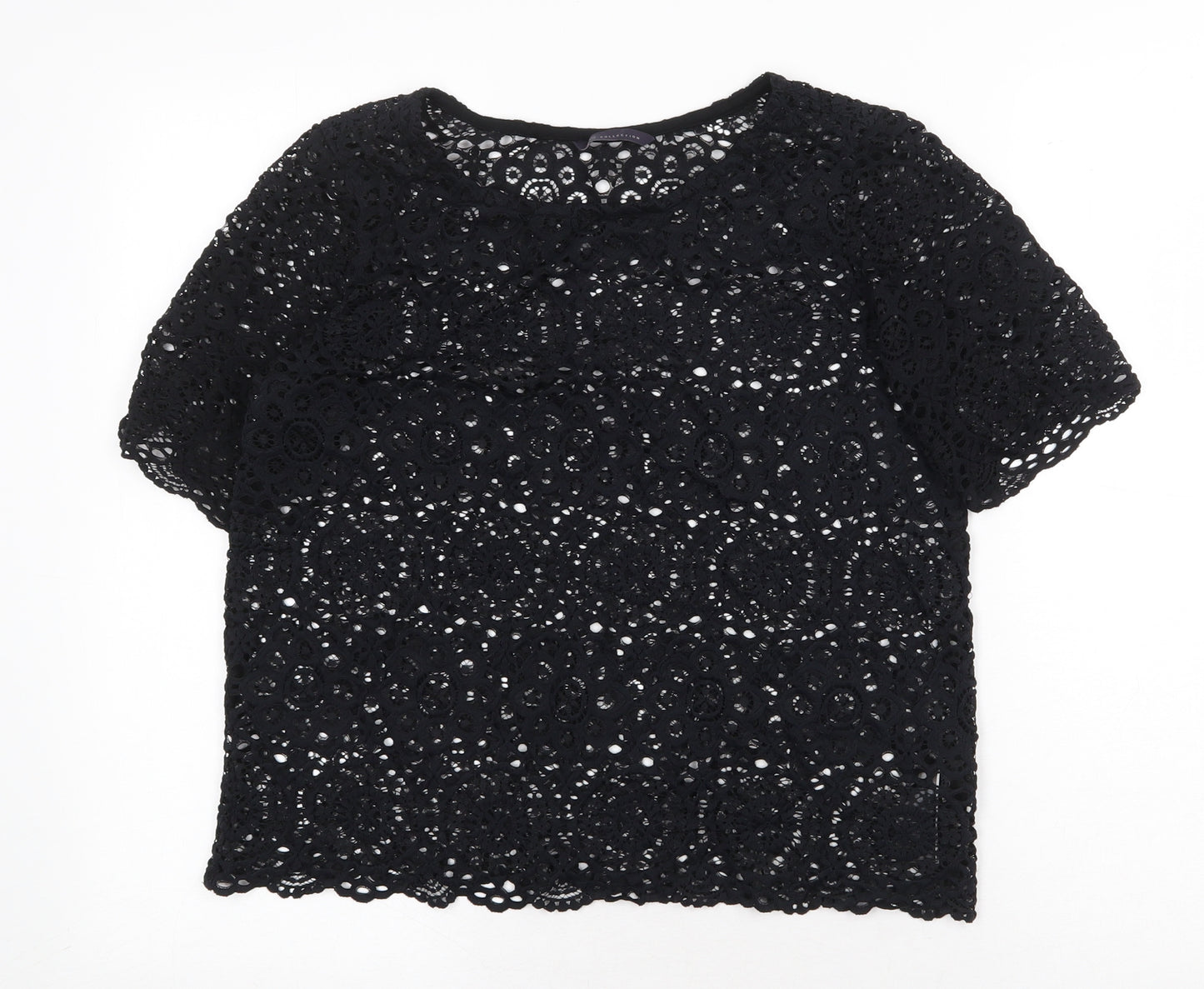 Marks and Spencer Womens Black Geometric Polyamide Basic T-Shirt Size 10 Round Neck