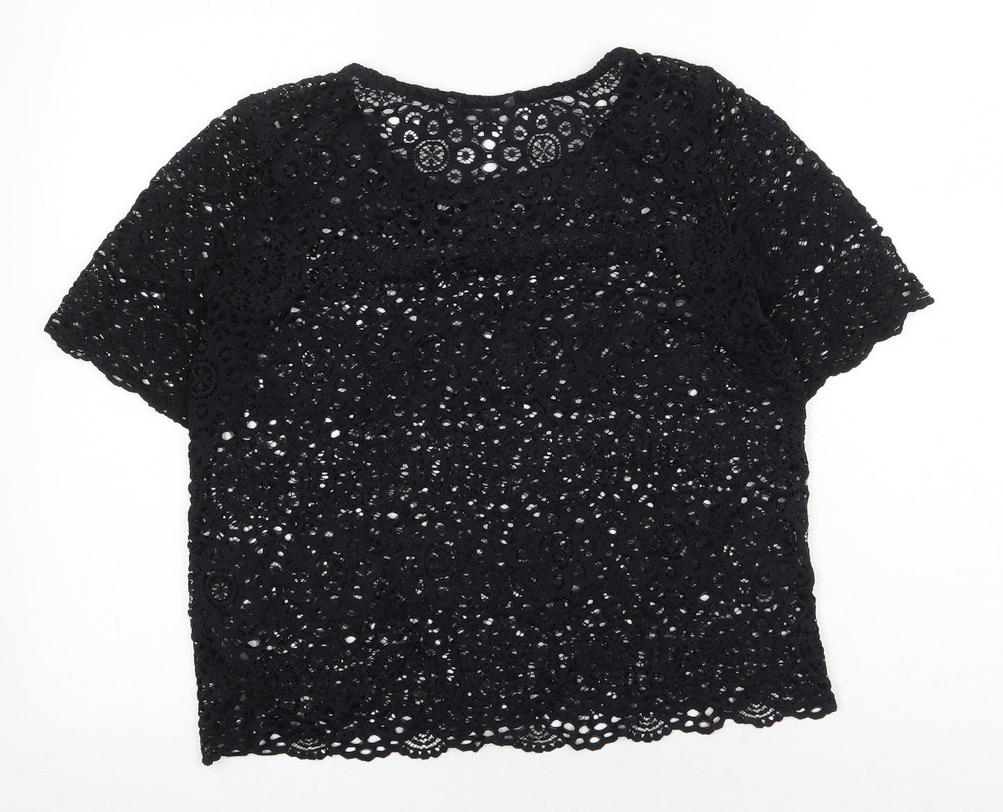 Marks and Spencer Womens Black Geometric Polyamide Basic T-Shirt Size 10 Round Neck